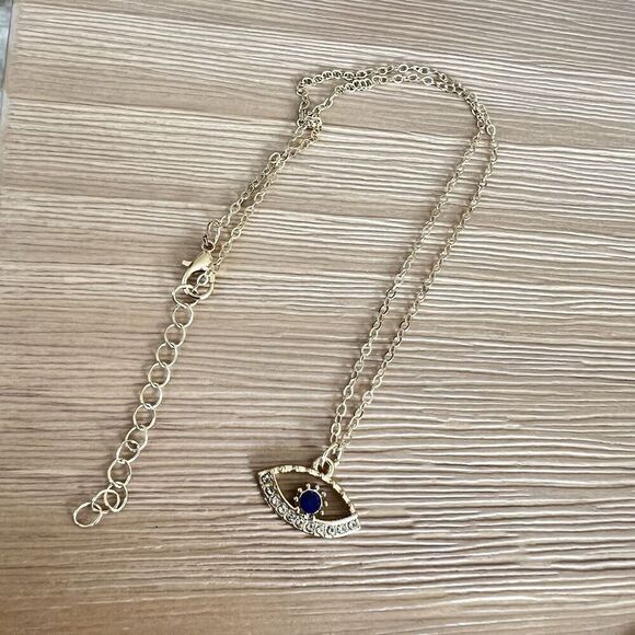 NEW Evil Eye Gold Rhinestone Blue White Necklace 16” chain lobster claw clasp - Picture 6 of 8